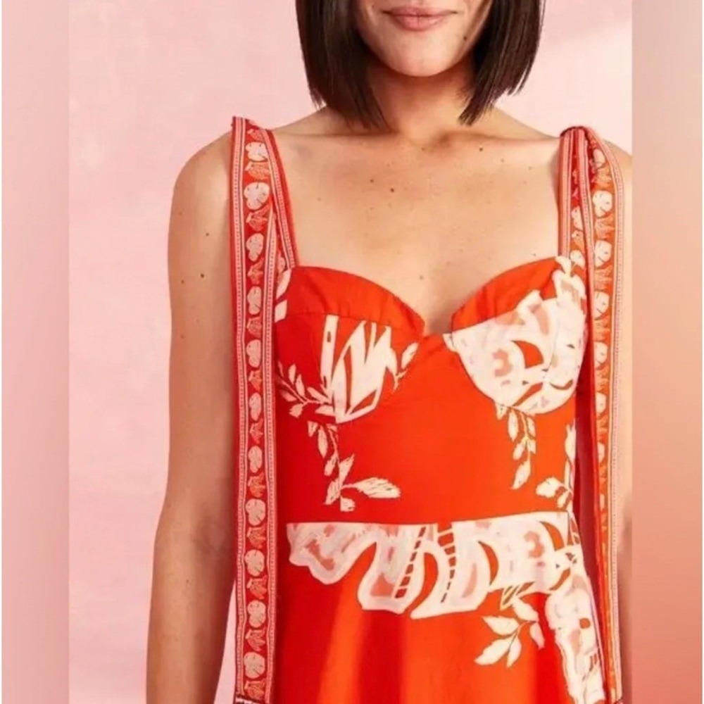 Farm Rio Lace Monsteras Red White Beaded Tie Strap Midi Dress Boho Resort L NWT